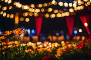 a field of flowers with lights in the background. AI-Generated photo