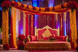 an indian wedding stage decorated with red and gold flowers. AI-Generated photo