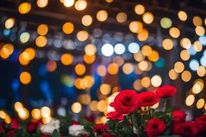 red roses in front of bokeh lights. AI-Generated photo