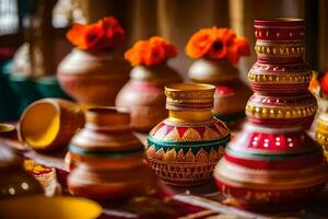 many colorful vases are sitting on a table. AI-Generated photo