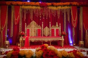 un indio Boda ceremonia con rojo y oro decoraciones generado por ai foto