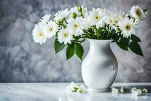 blanco flores en un florero en un mesa. generado por ai foto