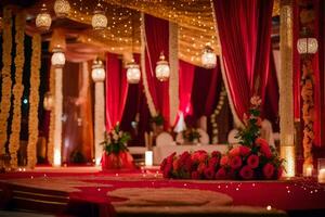 un rojo alfombra y oro decoraciones son conjunto arriba para un boda. generado por ai foto