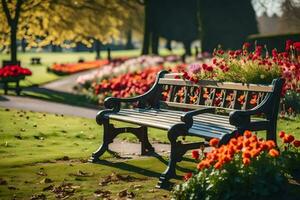 a bench in a park with flowers and trees. AI-Generated photo