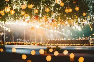 un Boda ceremonia con colgando luces y flores generado por ai foto