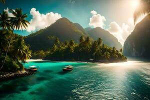 the sun shines on the water and palm trees in the background. AI-Generated photo