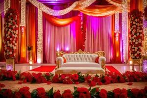an indian wedding stage decorated with red flowers. AI-Generated photo
