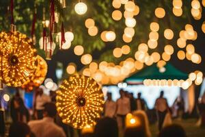 a group of people standing under a tree with lights. AI-Generated photo