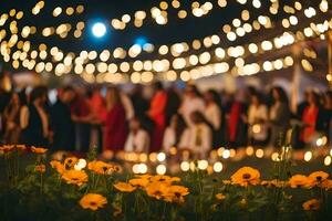 a group of people standing in front of a field of flowers. AI-Generated photo