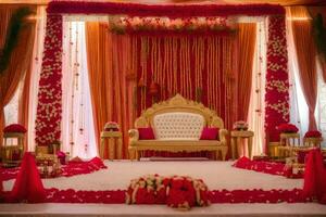 an indian wedding ceremony with red and gold decorations. AI-Generated photo