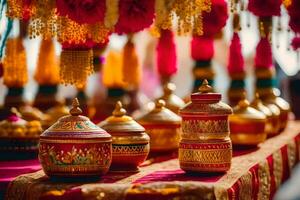 indian wedding decor with colorful pots and jars. AI-Generated photo