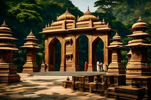 a man standing in front of a temple in the jungle. AI-Generated photo