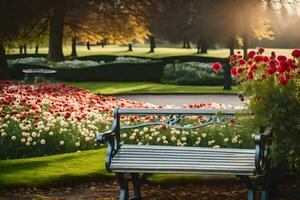 a bench in a park with tulips and flowers. AI-Generated photo