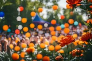 naranja flores en el primer plano con globos en el antecedentes. generado por ai foto