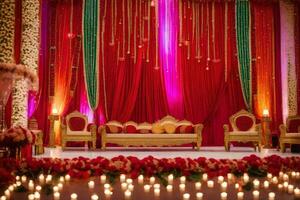 a stage decorated with red and gold curtains and candles. AI-Generated photo