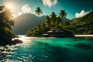 tropical island with palm trees and a hut on the shore. AI-Generated photo