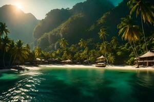 a tropical island with palm trees and huts. AI-Generated photo