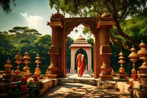 a man in orange robes standing in front of a temple. AI-Generated photo