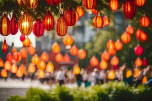 many red and orange lanterns hanging from trees. AI-Generated photo