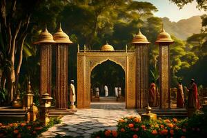 an ornate entrance to a garden with people standing in front of it. AI-Generated photo