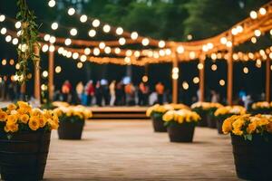 a wooden deck with lights and flowers. AI-Generated photo