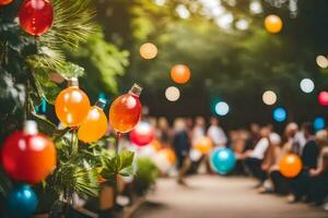 many colorful balloons are hanging from trees. AI-Generated photo