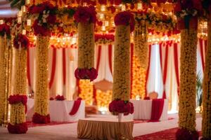 a wedding reception with red and yellow decorations. AI-Generated photo