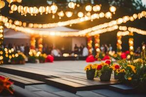 an outdoor wedding with lights and flowers. AI-Generated photo