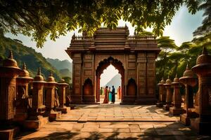 a man and woman standing in front of an ornate gate. AI-Generated photo