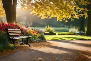 a park bench in the middle of a park with trees and flowers. AI-Generated photo