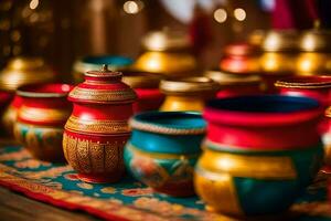 colorful pots and vases on a table. AI-Generated photo