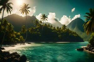 the sun shines over a tropical island with palm trees. AI-Generated photo