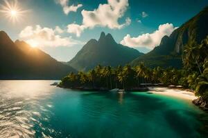 the sun shines over a tropical island and mountains. AI-Generated photo