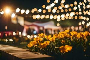 yellow tulips in front of a stage with lights. AI-Generated photo