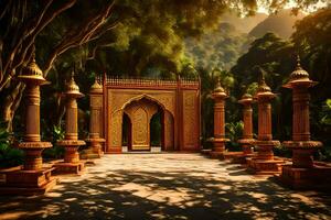 an oriental gate in the middle of a forest. AI-Generated photo