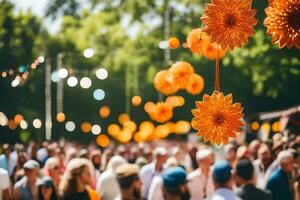 a crowd of people at an outdoor event with orange paper flowers. AI-Generated photo