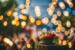 a flower arrangement on a wooden box in front of a crowd. AI-Generated photo