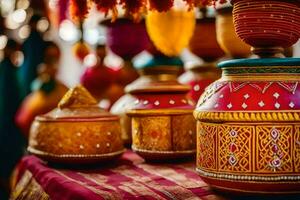 indian pottery on display at a market. AI-Generated photo