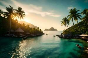 tropical island with palm trees and a boat. AI-Generated photo