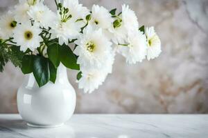 blanco flores en un florero en un mesa. generado por ai foto