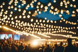 a crowd of people at a festival with lights. AI-Generated photo