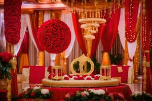 un rojo y oro Boda ceremonia con un oro y blanco Boda pastel. generado por ai foto
