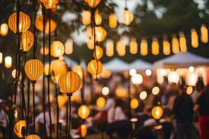 many hanging lanterns are hanging from the trees. AI-Generated photo