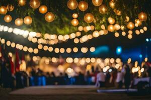 a wedding reception with lights hanging from trees. AI-Generated photo