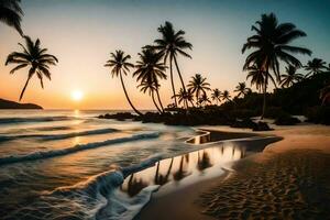 el Dom conjuntos en el playa con palma arboles y ondas. generado por ai foto