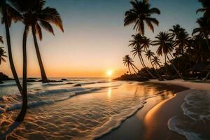 the sun sets over the ocean and palm trees on a beach. AI-Generated photo