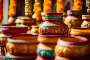 colorful pots and vases are displayed in a room. AI-Generated photo