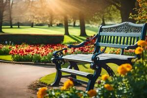 a bench in a park with flowers and trees. AI-Generated photo