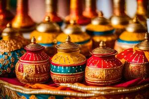 colorful pots and vases are displayed on a table. AI-Generated photo