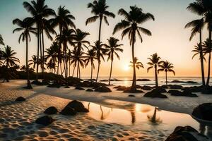 the sun sets on a beach with palm trees and rocks. AI-Generated photo